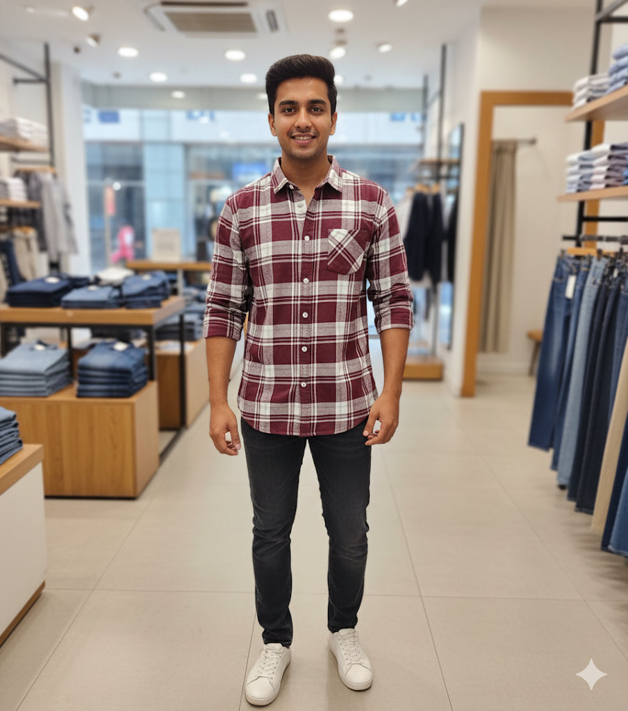 Men's Long-Sleeve Cotton Plaid Flannel Shirt in Maroon