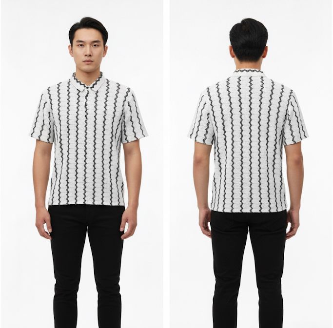 Textured Zigzag Knit Polo Shirt in Black