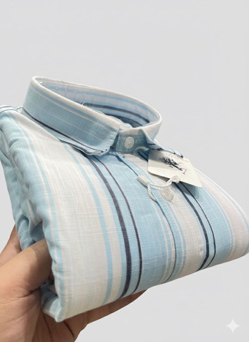 Men’s Sky Blue & White Striped Cotton Shir