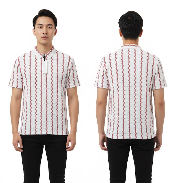 Textured Zigzag Knit Polo Shirt in Red