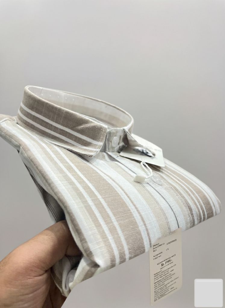 Men’s Beige & White Striped Casual Cotton Shirt