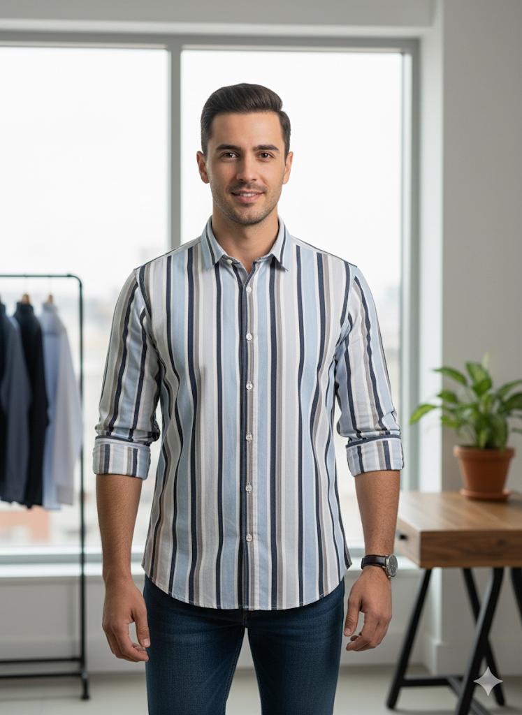 Men’s Blue & White Striped Casual Cotton Shir