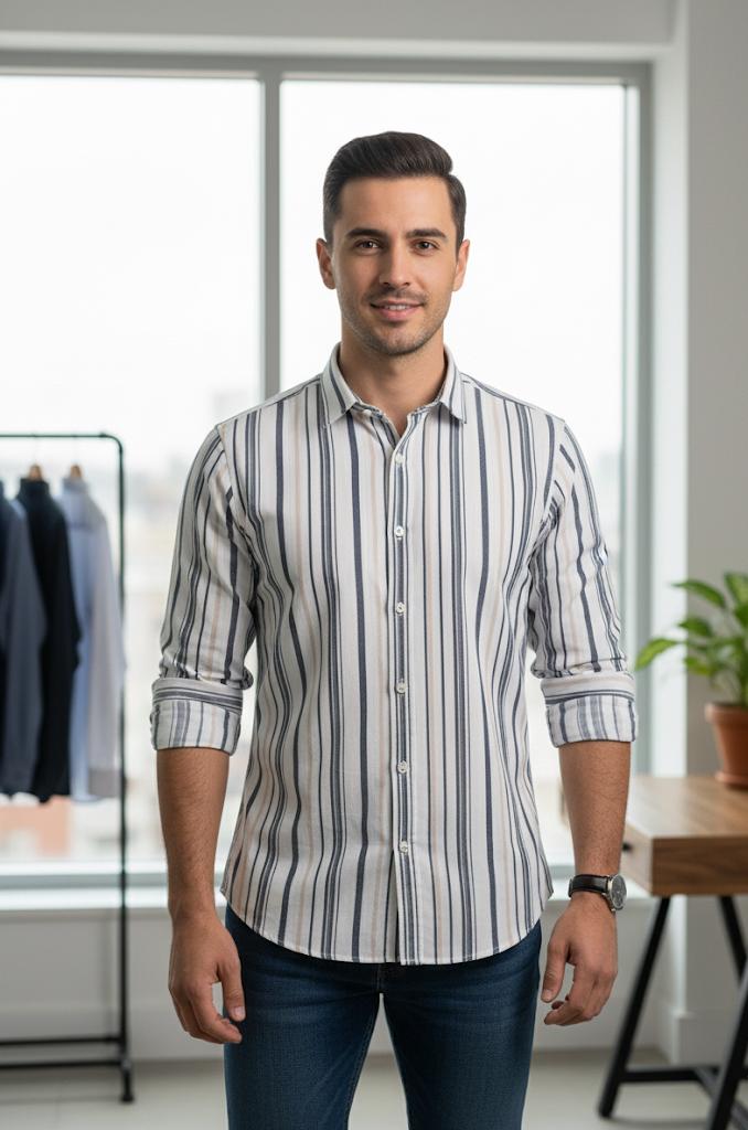 Men’s White & Navy Blue Striped Casual Cotton Shirt