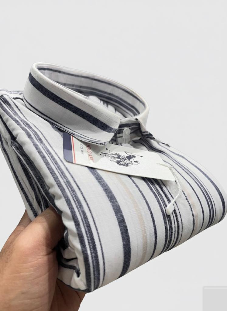 Men’s White & Navy Blue Striped Casual Cotton Shirt