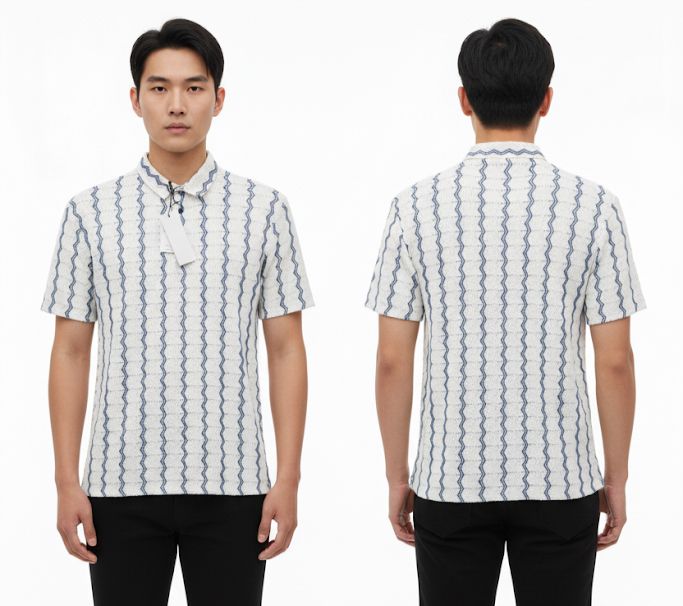 Textured Zigzag Knit Polo Shirt in Blue